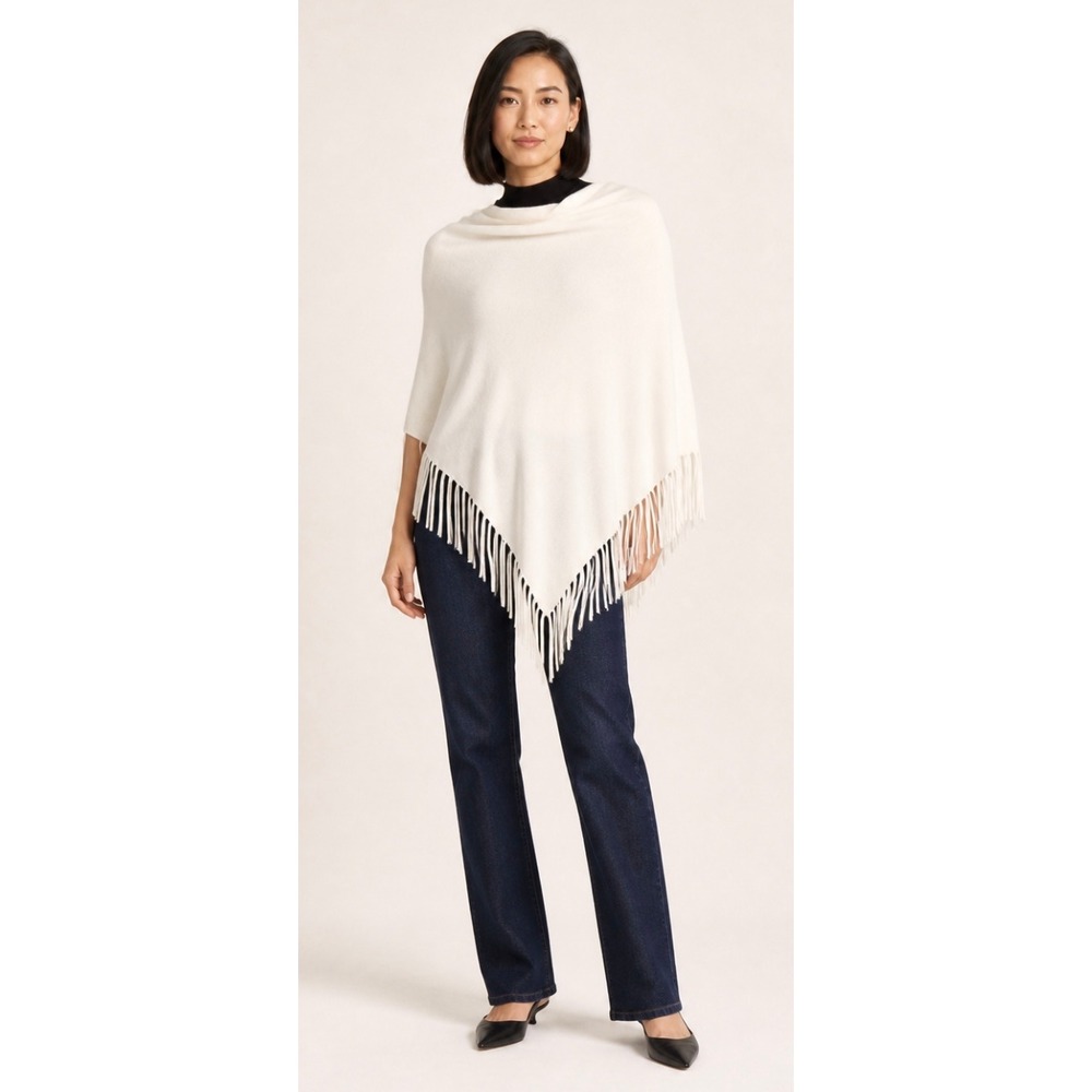 Minnie Rose Hankie Poncho Ivory Cotton Fringe Shawl Wrap One Size